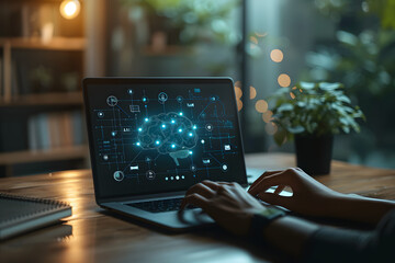 hands typing laptop, using chatbot program, virtual graphic human brain AI technology, background in office