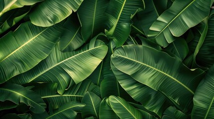 Multiple banana leaves layered together, creating a lush, green background with a tropical ambiance.