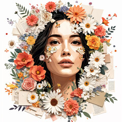 A vibrant and colorful illustration of a woman's face surrounded by various flowers, creating a floral crown effect.