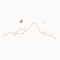 Line art mountains with stars and moon, cute minimalist boho vector art