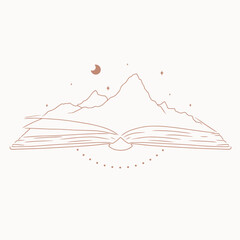 Mountains with book, stars and half moon, cute boho vector art