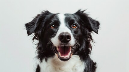 playful dog grinning widely, positioned against a white background, showcasing its friendly and affectionate nature.