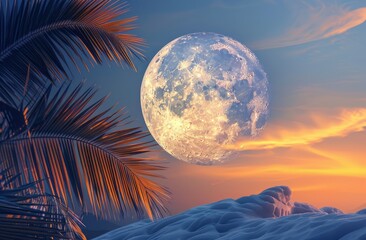 The moon is above the clouds with palm trees at sunset.