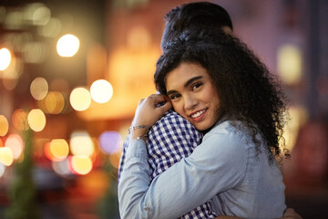 Couple, portrait and outside night with hug, romance and growth in relationship together with love....