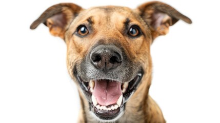 playful dog grinning widely, positioned against a white background, showcasing its friendly and affectionate nature.