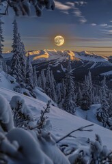 The moon is behind the top of a snow-covered mountain. Night sky with stars.