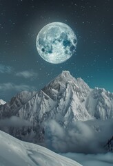 The moon is behind the top of a snow-covered mountain. Night sky with stars.