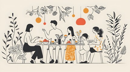 Elegant one-line art depicting a family gathered around a table.
