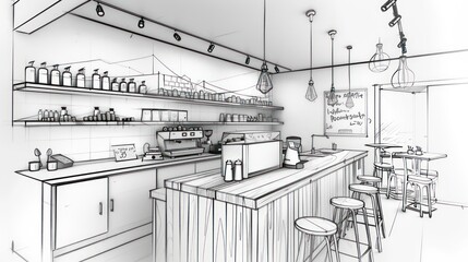 A detailed monochrome sketch depicts a stylish café with furniture, decorations, and lighting fixtures, evoking a trendy atmosphere