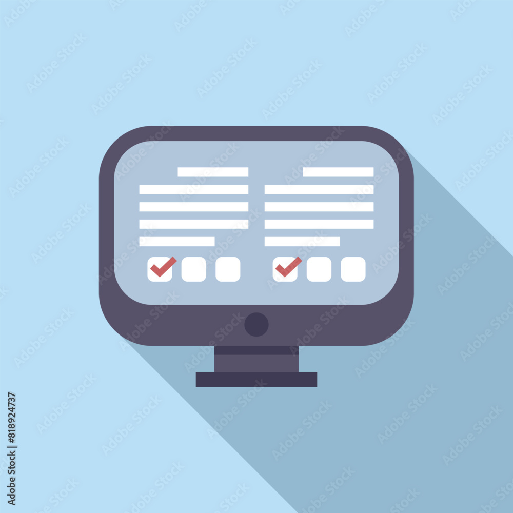 Poster flat design vector illustration of a desktop computer monitor with checklist on blue background