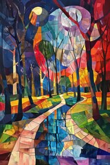 This is a colorful abstract painting in a cubist style, featuring geometric shapes and a winding path leading through a fantastical landscape