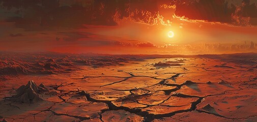 A desert landscape with a cracked earth surface stretching towards the horizon under a scorching sun