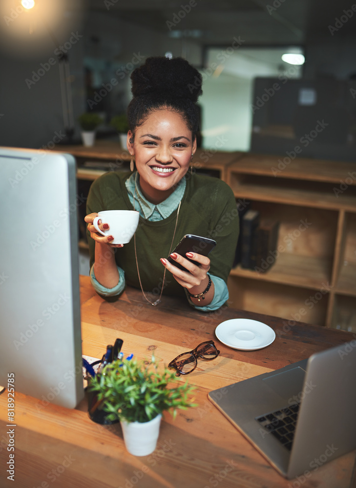 Poster cellphone, coffee and portrait of business woman in office networking on social media, app or intern