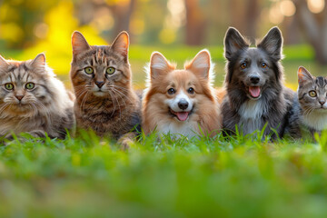 Obraz premium Group of happy animals, summer, created with Generative AI technology