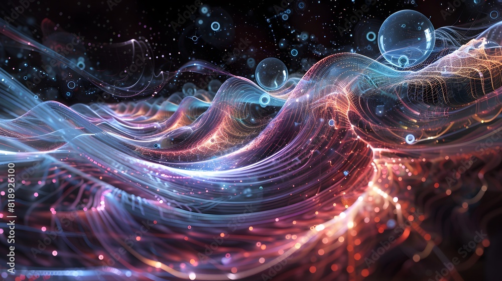 Poster a quantum annealing process visualized within a quantum computer, with qubits exploring a vast lands