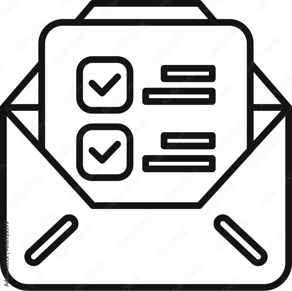 Poster outlined vector icon representing a checklist within an envelope, suitable for task or mail concepts