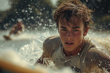 Obraz premium A group of friends enjoying a day of wakeboarding, the wakeboarder carving through the water with style