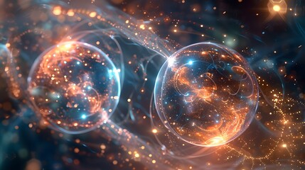 Two entangled particles represented as glowing orbs, linked by a web of ethereal light, instantly mirroring each other’s states despite the vast distance between them