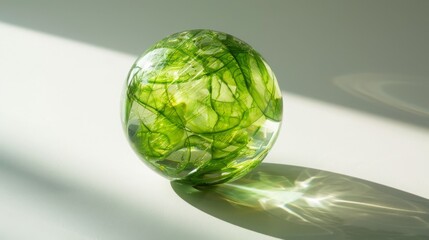 Artistic glass ball with green algae pattern inside, casting a shadow on a white surface. Concept of art, nature, and design.
