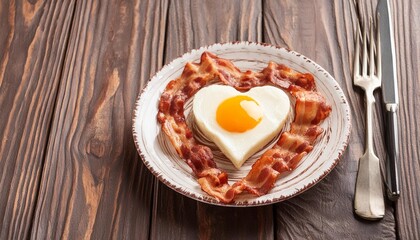 heart shaped egg with bacons
