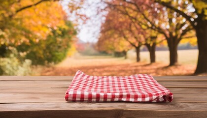 empty table product empty wooden deck table covered with a red white checkered tablecloth over abstract blurred autumn backdrop space for your food and product display montage