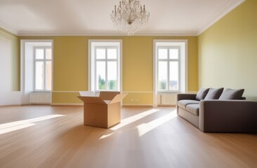 A new room with a sofa and a cardboard box. The topic of moving, selling, buying, real estate