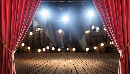 empty stage with red curtains and spotlights
