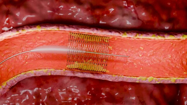 Blocked Artery, Collapsed balloon angioplasty procedure with Coronary stent in vein, blood flow circulation, vessels, cholesterol fat or atheroma blocking circulation, atherosclerosis, 3d render