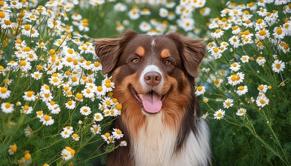a happy dog in flowers the pet is smiling field camomiles the astralian shepherd tricolor