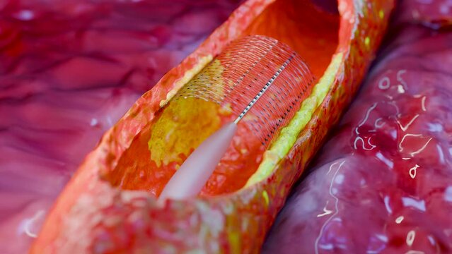 Blocked Artery, Collapsed balloon angioplasty procedure with Coronary stent in vein, blood flow  circulation, vessels, cholesterol fat or atheroma blocking circulation, atherosclerosis, 3d render