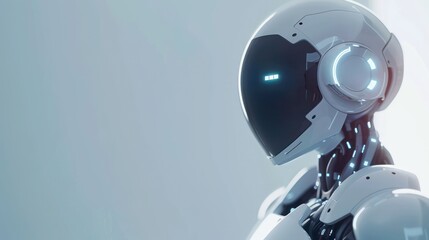 A side profile of a futuristic robot with a glowing blue light on its head, showcasing advanced technology and artificial intelligence