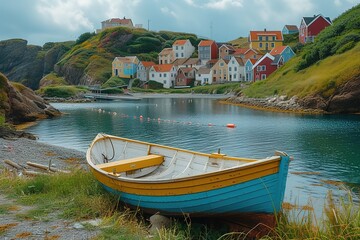 A picturesque coastal town with colorful houses, fishing boats in the harbor, and a rocky shoreline - Powered by Adobe