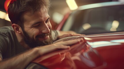 Man lovingly admiring and caressing the hood of a red car in a garage, conveying themes of passion, automotive care, and affection. Concept of passion, automotive care, and affection.
