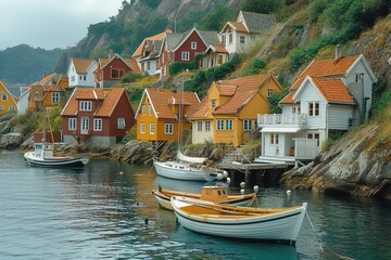 A picturesque coastal village with colorful cottages nestled along a rocky shoreline, boats bobbing in the harbor