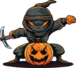 Cute ninja pumpkin logo art illustration