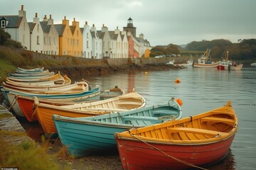 A rustic fishing village on the coast of Ireland, with weathered boats bobbing in the harbor, waiting for their next journey