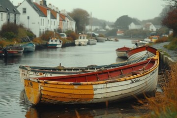 A rustic fishing village on the coast of Ireland, with weathered boats bobbing in the harbor, waiting for their next journey
