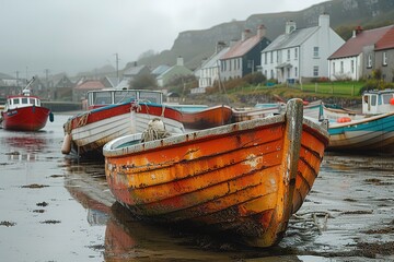 Fototapeta premium A rustic fishing village on the coast of Ireland, with weathered boats bobbing in the harbor, waiting for their next journey