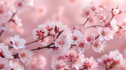 Fototapeta premium A seamless pattern of delicate cherry blossom branches against a soft pink background.