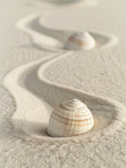 a photo of two small white shells on the white sand