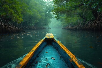 A serene rowboat journey through a dense mangrove forest, the twisted roots creating an...
