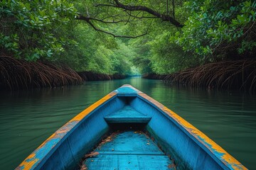 A serene rowboat journey through a dense mangrove forest, the tangled roots forming an enchanting tunnel