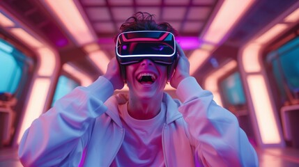Young man enjoying a virtual reality experience with a VR headset, immersed in a futuristic and vibrant digital environment. Concept of technology, entertainment, and future innovations.
