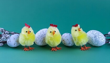 small decorative easter chickens and eggs in a row on green background