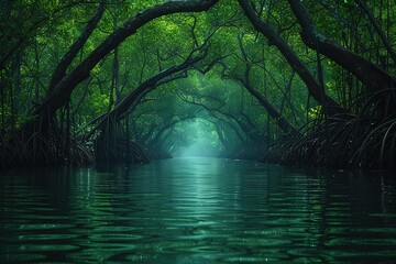 A serene rowboat journey through a winding mangrove forest, the twisted roots creating an otherworldly tunnel