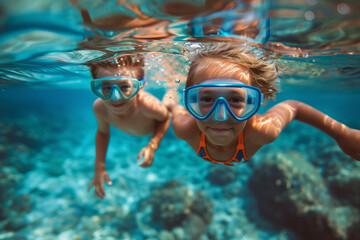 Naklejka premium Underwater view of two children snorkeling in clear blue waters, with coral reefs in background. Kids are wearing snorkel masks and are swimming, enjoying the exploration. aquatic adventure in summer.