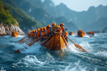 A traditional Chinese dragon boat race, with teams of rowers paddling fiercely in synchronized harmony