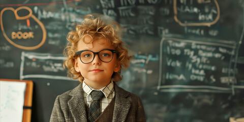 A young boy in glasses standing in front of a blackboard.