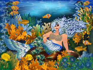 Tropical Underwater wallpaper, Plus size Mermaid XXL, vector illustration
