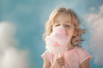 happy cute child eating cotton candy. copyspace. blue background
